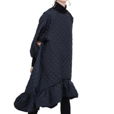 Women Quilted Padded Long Sleeve Dress Asymmetric Ruffle Hem Blouse Thick  Winter