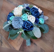 Dusty Blue Mint Green Bridal Bouquet Sola Wood Rose Artificial Wedding Flowers