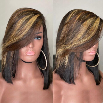 Highlight Brown 13X4 Lace Front Wigs Human Hair Straight Bob Wig with Side Bangs