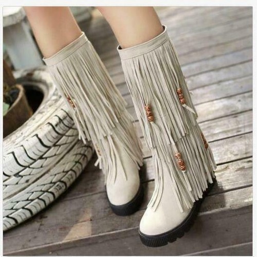 Mocasín para mujer tacón plano plataforma borla flecos punta redonda media pantorrilla bota - Imagen 9 de 14
