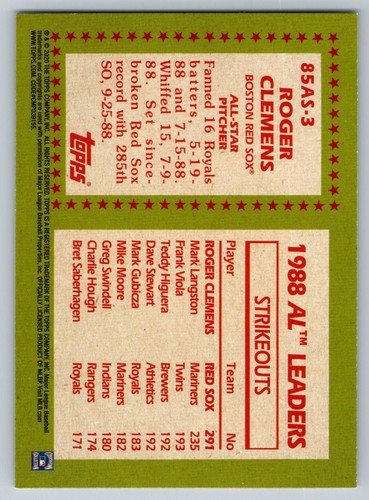 2020 Topps #85AS-3 Roger Clemens 1985 Topps 35th Anniversary All-Stars - Picture 2 of 2