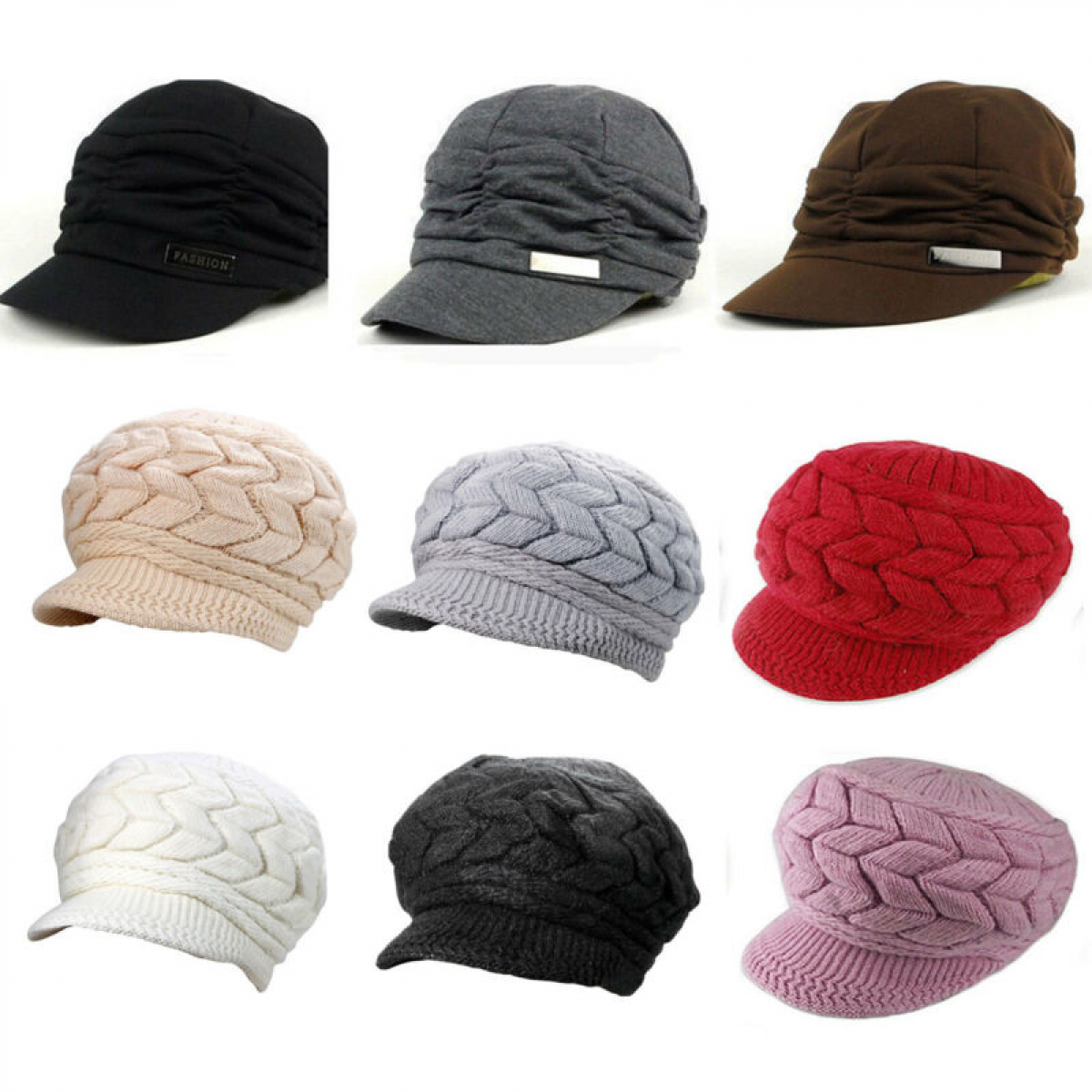 Women Girl Visor Flat Brim Peaked Winter Beanie Hat Fashionable Warm Cap  Outdoor