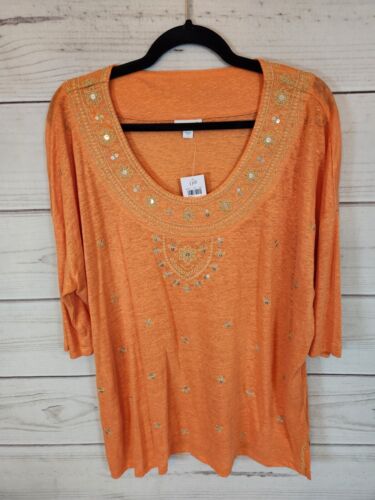 J. Jill Women's Love Linen Sequin Embroidered Orange Scoop Neck 3/4 Sleeve Top L