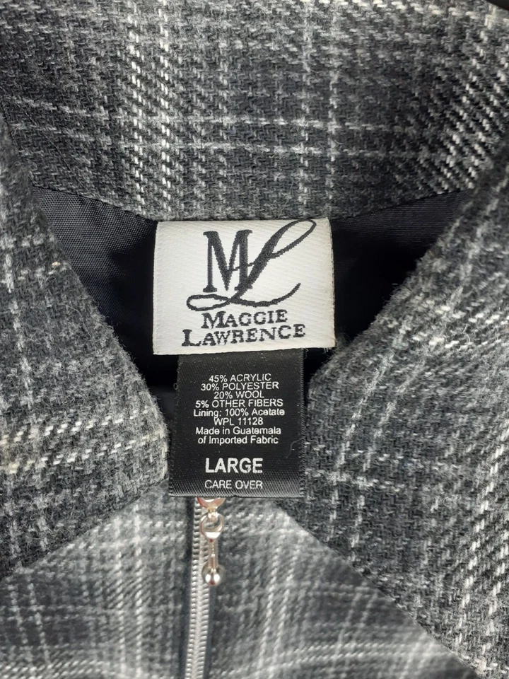 Vtg Maggie Lawrence Plaid Jacket Full Zip Womens L Black White Collard Casual - Image 4 of 4