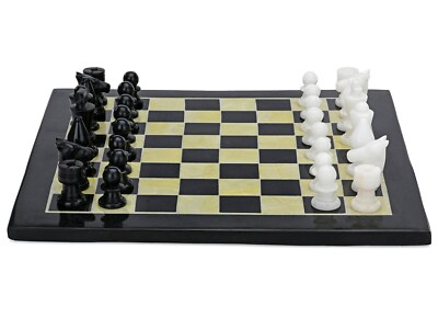 15'' Black Marble Chess Table Top Inlay With Marble Chess Pieces