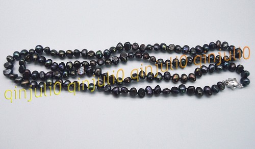 Genuine Natural 7-8mm Black Baroque Pearl Beads Necklaces 14-48'' Silver Clasp - Picture 4 of 11