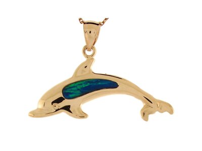 10k or 14k Yellow Gold Simulated Opal Swimming Dolphin Charm Pendant