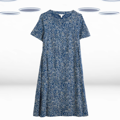 Ex Seasalt Women's Short Sleeve Printed Jersey Dress in Blue Floral Doodle