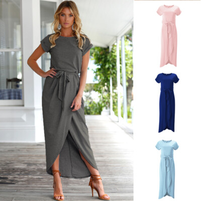 Women Round neck Slit hemline Dress Pullover Irregular Dress Waist Strap  Casual | eBay