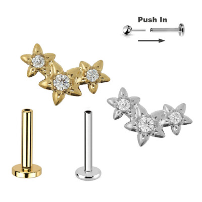 Titan 3er Gold Sterne Kristalle Steck Labret Ohr Helix Lobe Piercing Push in Pin