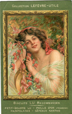 Oblaten scrap  chromo Litho Werbekarte  Lefevre-Lu  Jugendstil  Dame  1909 14 cm
