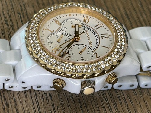 Rebecca klein ladies watch chronograph ceramic bracelet gold tone bezel . - Picture 3 of 10