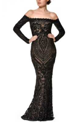 Nadine Merabi Arabella Off The Shoulder Sequin Maxi Dress in Black Uk XS =  6 | eBay