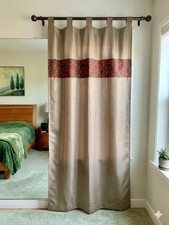 Tab Top Taupe Curtain Panel with Red Geometric Band Ceiling to Floor Set of 2