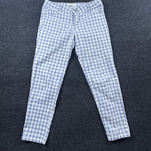 Stradivarius Pants Womens 6 Blue Gingham Slim Fit Stretch Checkered Denim Casual