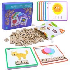 Spelling Games with 30 Double-Sided Flash Cards, 100Pcs Wooden Letters Sight ...