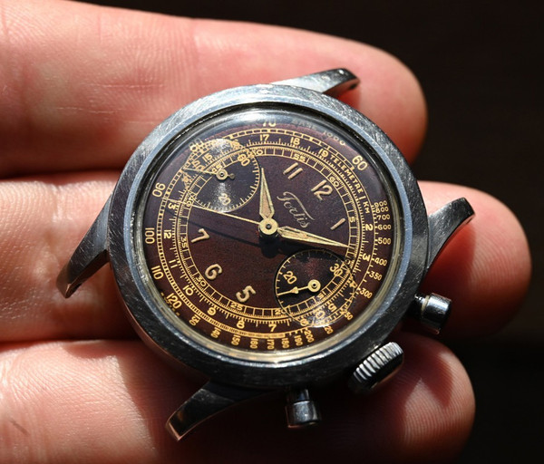 Fortis Military Chronograph Venus 150 clamshell case Tropical gilt dial, vintage