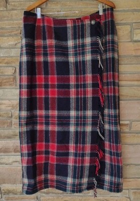 VTG 90s Eddie Bauer USA Wool Plaid Wrap Skirt Women s Tall 20 Fringe