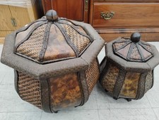 Vintage two Chinese Top Covered Straw Woven Decor Basket 11w x 12H and 18w X14H