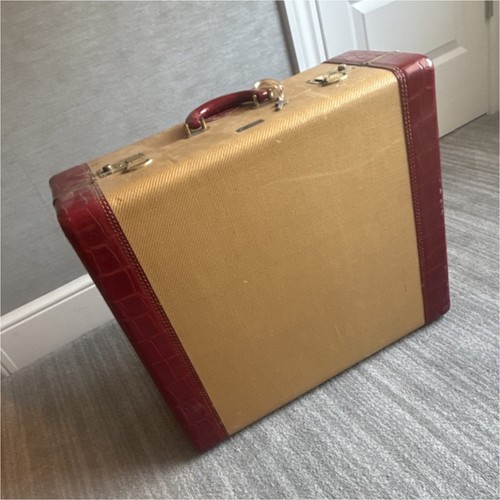 Wings United Vintage Hard Suitcase Beige Red Canvas Leather Locking Compartments