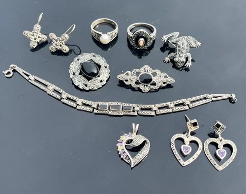 Vintage sterling 925 Marcasite Pins Bracelet Rings  Earrings Pendant Lot