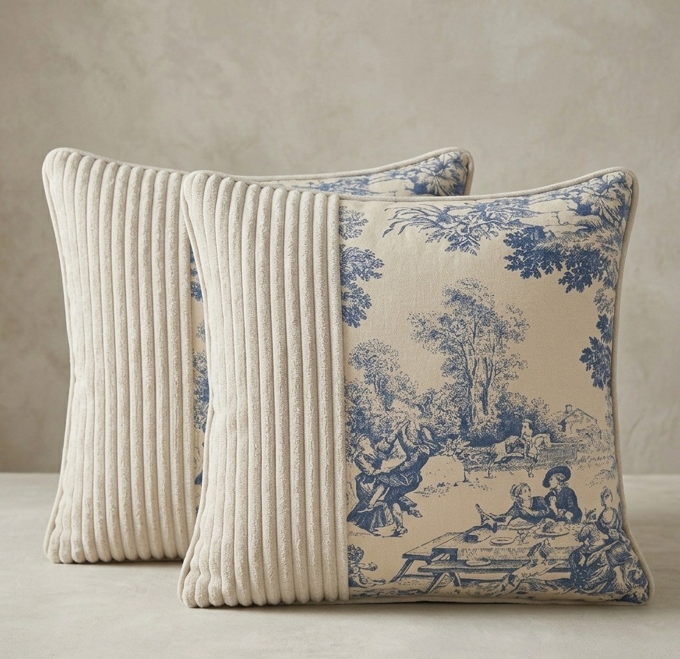 Coussin Toile de Jouy bleu pour sublimer un canapé uni - Duo Héritage