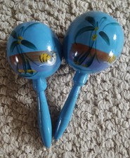Vintage - Blue Hand Painted Mexican Tropical Scene Maracas - Gourd Shaker Music