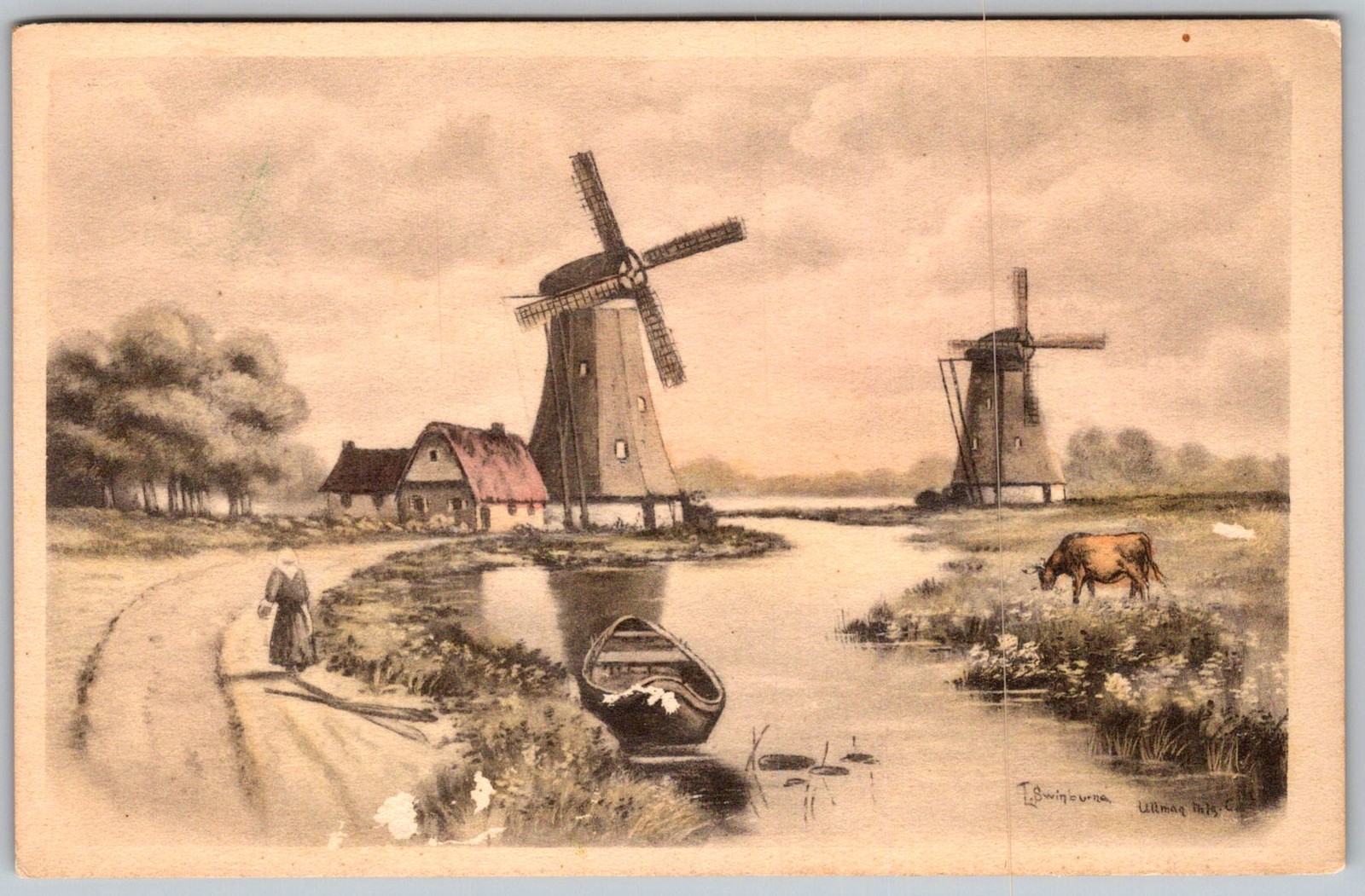 Antique Postcard Windmills Canal Farm Scene Netherlands 1910s