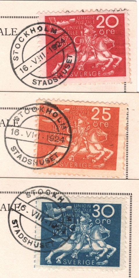 SUECIA 1924 FDC *UPU* Tarjetas {3} 20º 25º 30º Cubiertas Primer Día STADSHUSET CDS YG383 Foto 2 de 4