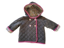 Baby Boden Gray Cotton Quilted Jacket Floral Lined with Hood Size 12-18 Months