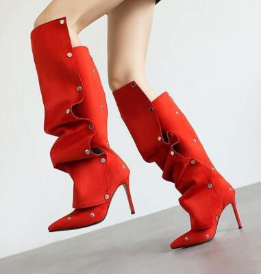 High Heel Folding Party Shoes Women Point Toe Stiletto Knee - Main Image