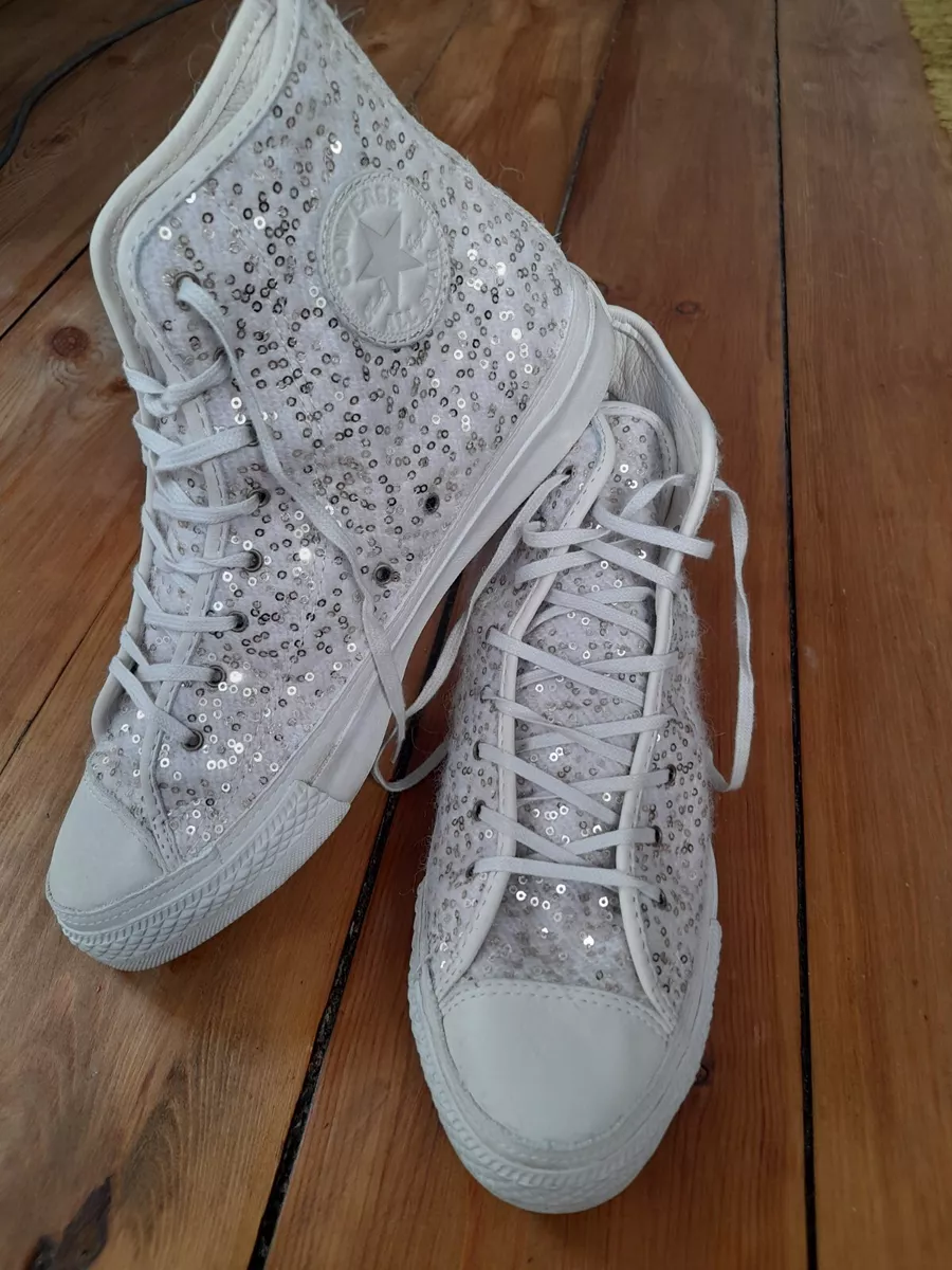 Cream Gold Sequin Converse All Stars High Tops Trainers Boots Size 8 Festival