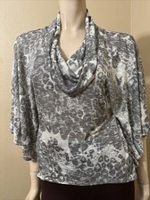 Women  s Grey Leopard Polyester Casual Stretch Collared Oversized Size S Blouse