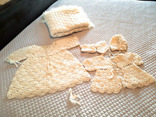 VINTAGE 5-PCE Baby Knitted Christening Set Dress Sweater Bootie Bonnet