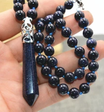 8mm Blue Sandstone Gemstone Hexagonal Healing Chakra Reiki Pendant Necklace 18"