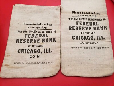 RARE OLD FIND MATCHED SET 3-7-1942 CURRENCY AND COIN BANK BAGS FEDERAL RESERVE!!