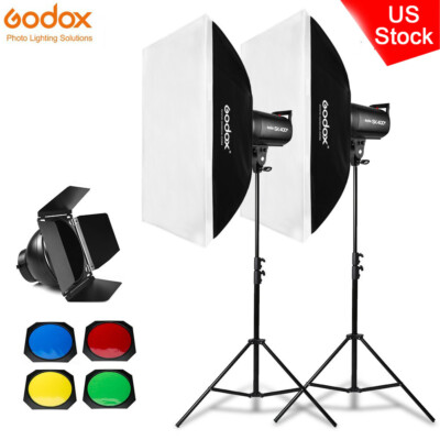 US 2*Godox SK400II Studio Flash Head+Barn Door+60*90cm Sofbox+2m Light Stand Kit