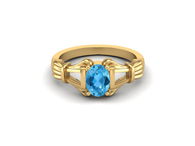 925 Sterling Silver Yellow Plated Oval Swiss Blue Topaz Solitaire Women Ring