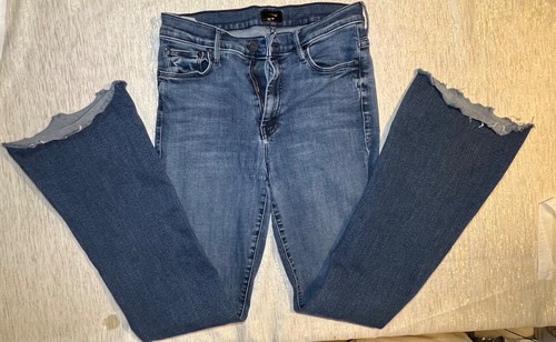 MOTHER Mint Wash Dark The Weekender Fray Flare Raw Hemline Jeans Size 29