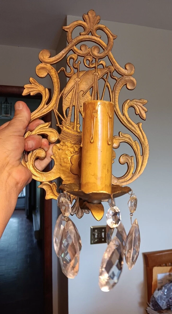 2 Vntg antique metal ornate wall sconces w ship image crystals