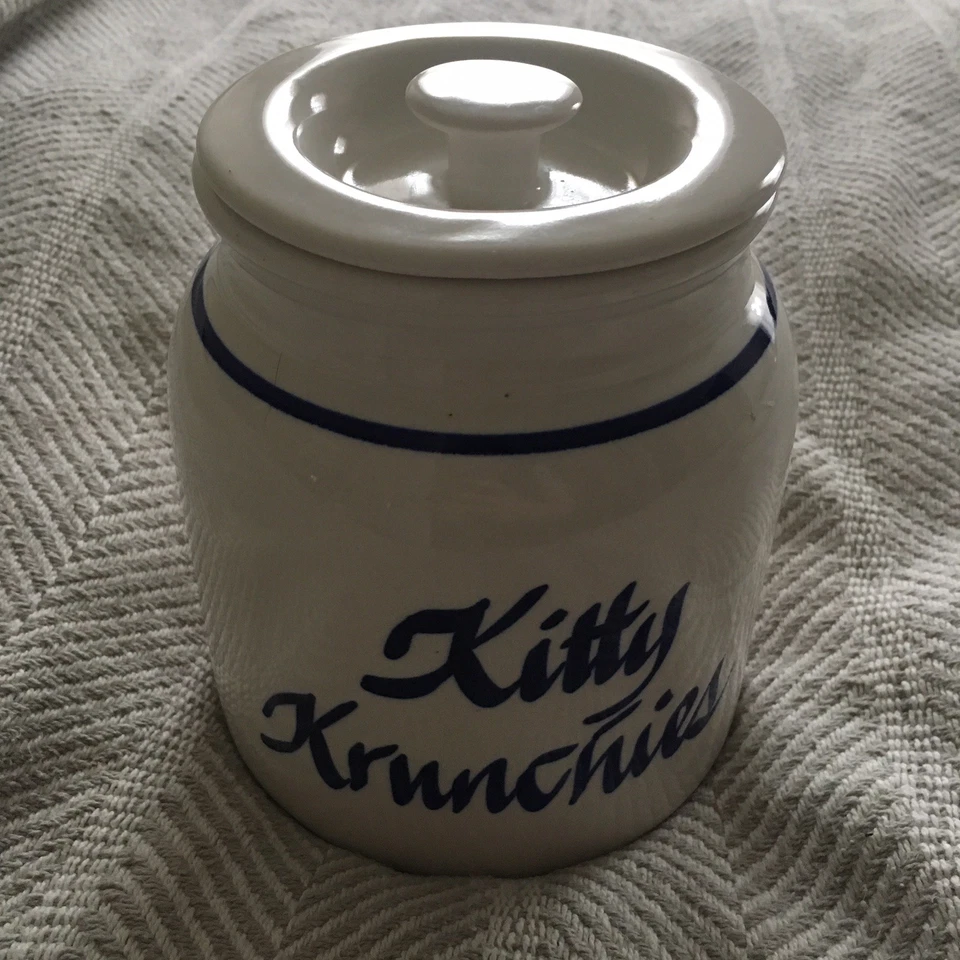 Cat Treat Jar Glazed Lidded Stone Crock Clay Design White Blue Kitty Krunchies - Image 2 of 4