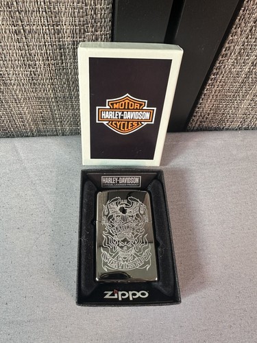 Zippo 29283 Harley-Davidson Skull Flames mit Eagle High Polish Chrome NEU