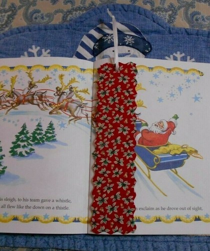 Bookmark Fabric Cloth CHRISTMAS Theme Mistletoe & Bells White Ribbon Handmade - Picture 3 of 3