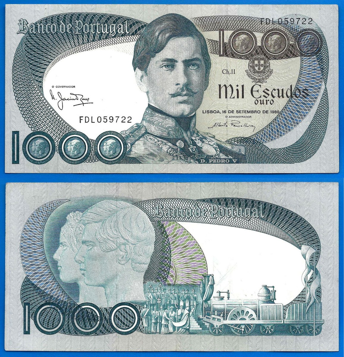 ◆ポルトガル 旧エスクード紙幣 1000 escudos◆ Portugal 1000 Escudos 1980 Prefix ELK Pedro Train FREE
