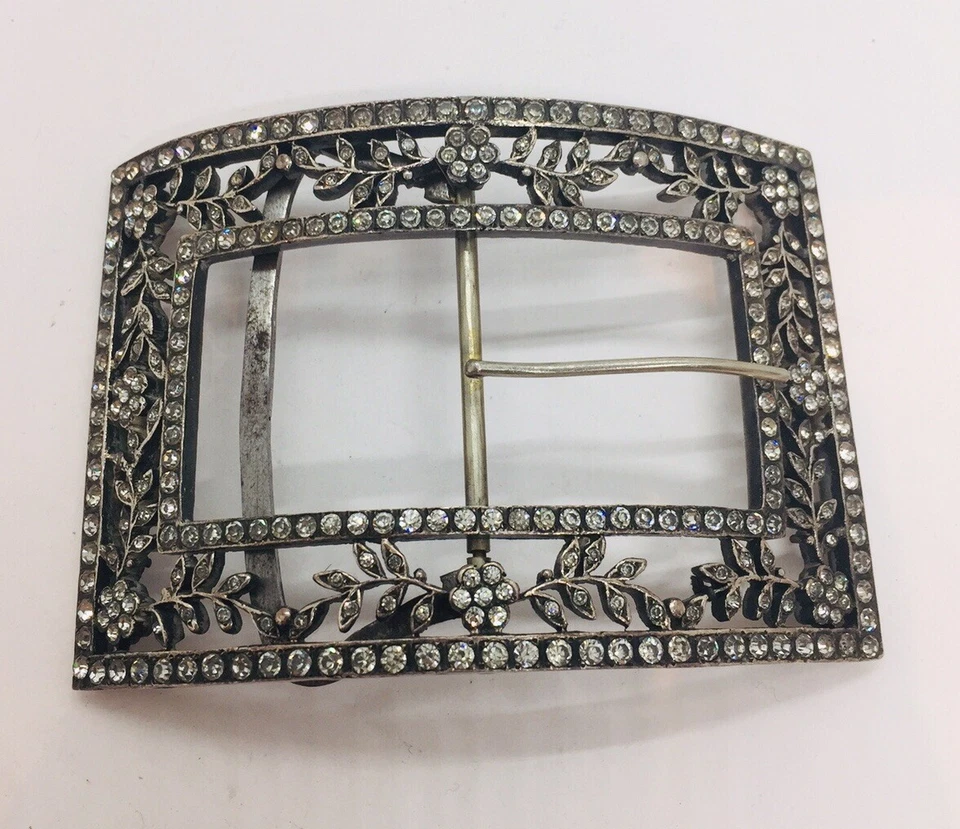 Antique Victorien Pâte Strass Transparent Plaqué Argent Floral L Boucle Ceinture - Photo 1/4