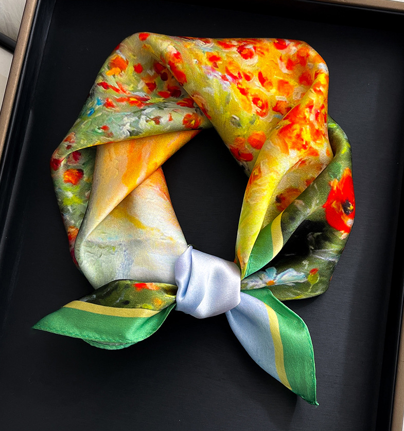 100% Mulberry Silk Scarf 53x53cm Women's Square Floral Wrap Red Bloom Design  