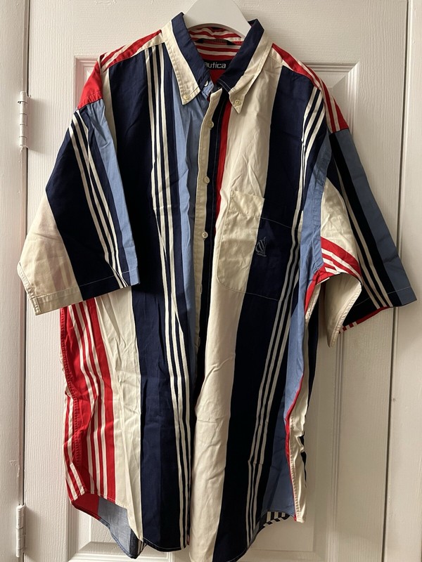 VTG Nautica Shirt Mens LG Multi Color Striped Button Up Half Sleeve Embroidered