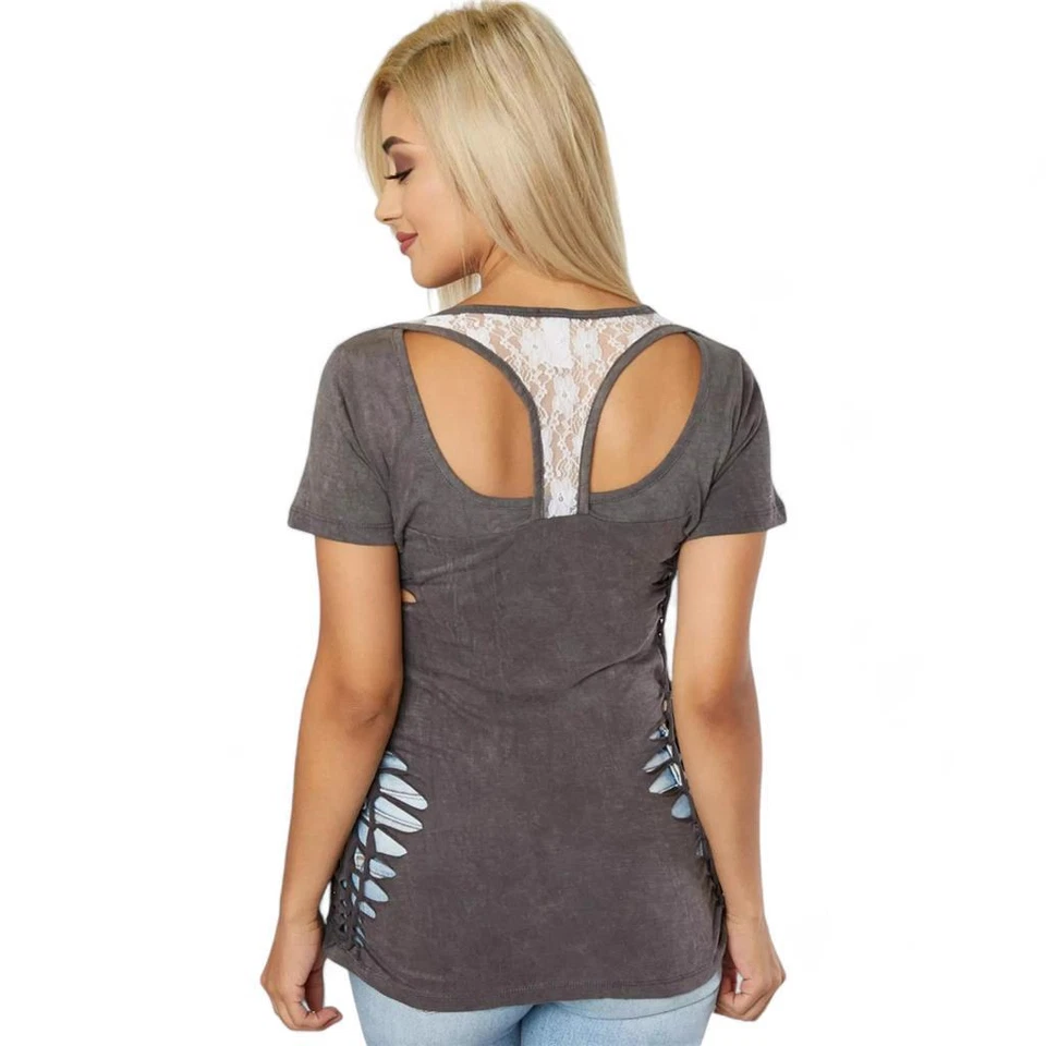 Women's Affliction Angelica Charcoal Lava Wash Lace Rhinestone Y2K T-Shirt XS-XL - Image 2 of 3