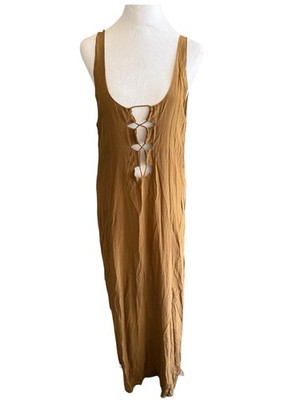 Acacia S Silk Brown Bronze Sardinia Maxi Dress Cut Out Plunge Back Flowy  Rare | eBay