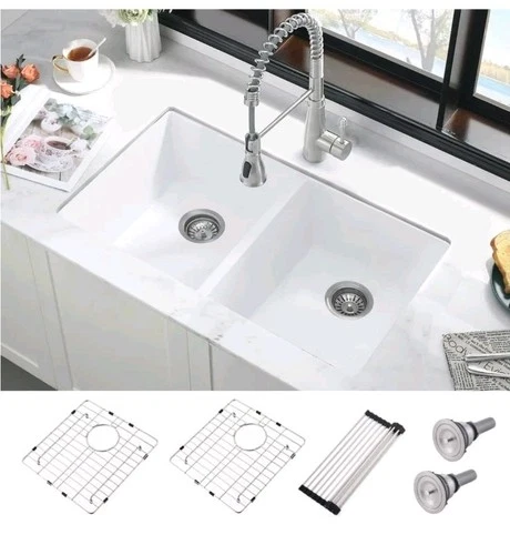 32-inch Double Bowl White Undermount Kitchen Sink, White Quartz, 32"X18", 50/50